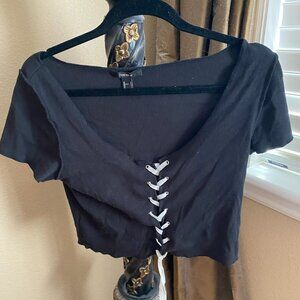 Forever 21 Black Lace Up Short Sleeve Women’s Size L Fitted